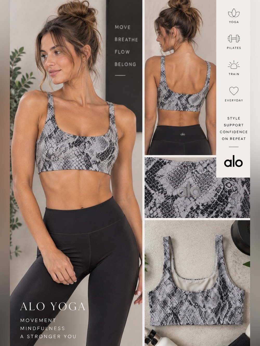 Alo Yoga Snakeskin Sports Bra S Gray Black Animal Print Athleisure Yoga